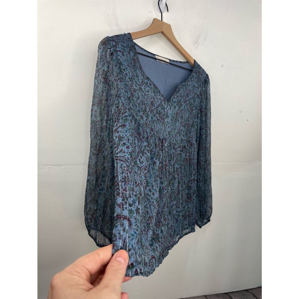 Lucky Brand Teal Blue Paisley V-Neck Long Sleeve Blouse peasant boho size Large - Picture 2 of 16